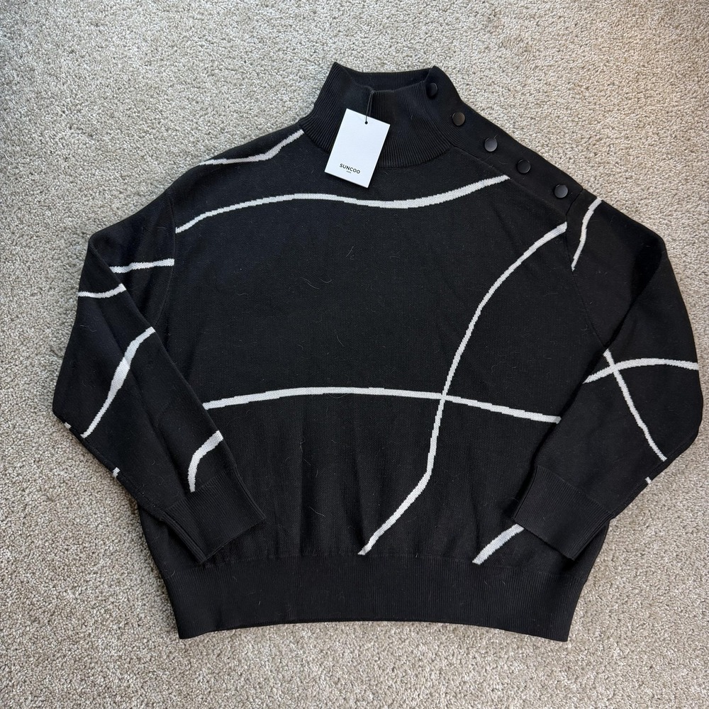 Suncoo Sweater Womens T3 Black Mock Neck Button Shoulder Striped Knit Pullover